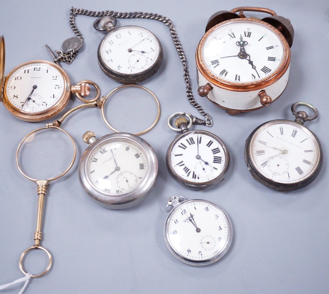 A small collection of six assorted pocket watches, including a silver open face, gun metal on a silver albert and gold plated, a Estyma alarm clock and a pair of gold plated lorgnettes.